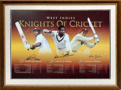 3 Knights of West Indies Cricket Personally Signed Lithograph - Sirs Viv Richards, Gary Sobers, and Everton Weekes