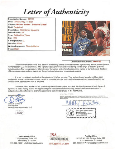 Only 1! Michael Jordan and Shaquille O'Neal dual signed Sports Illustrated Magazine - JSA certification