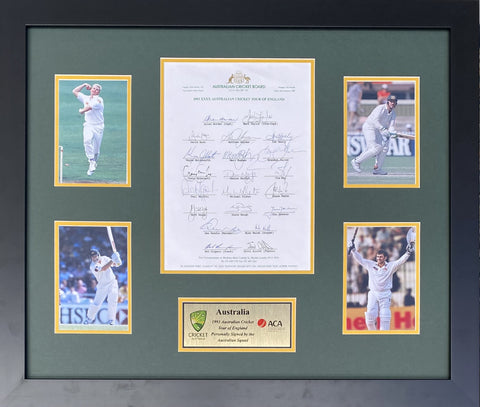 1993 Australian Cricket Team Signed Team Sheet, Photo Tribute, incl. Warne, Border, Taylor, Waugh Brothers, Slater, Healy, Boone etc.