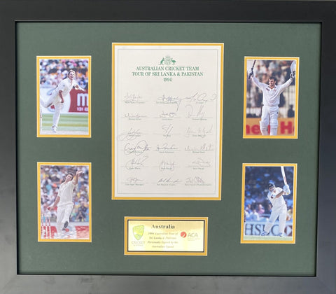 1994 Australian Cricket Team Signed Team Sheet, Photo Tribute, incl. Warne, Taylor, Waugh Brothers, McGrath, Slater, Healy, Boon etc.