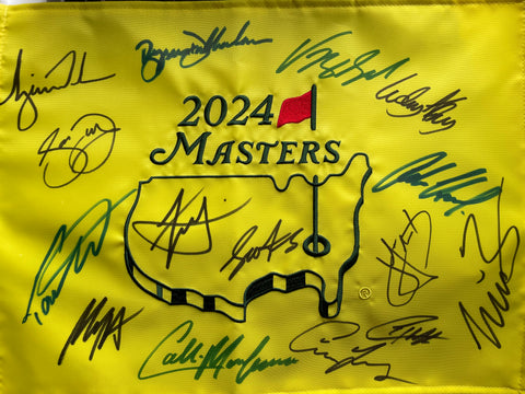 2024 US Masters Golf Pin Flag Personally Signed by 15 including Scheffler, Fleetwood, Aberg, Woods.