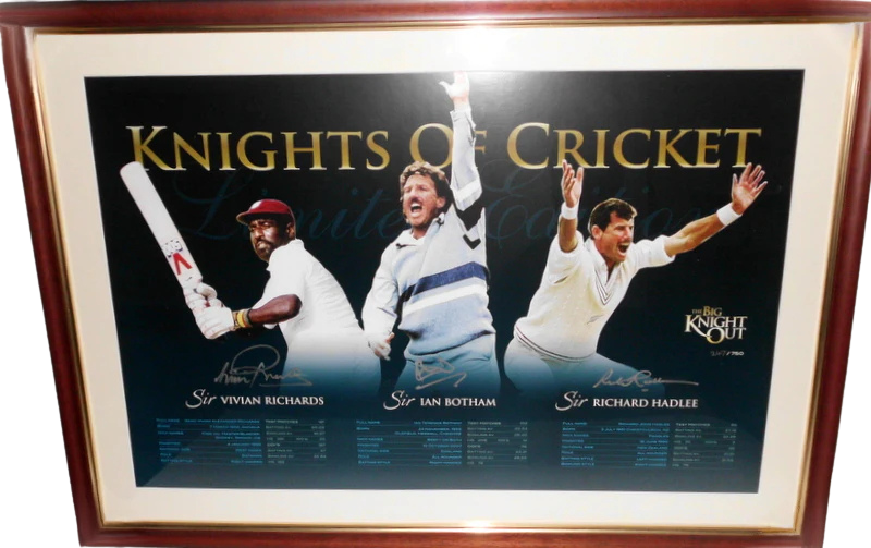 3 Knights of Cricket Personally Signed Lithograph - Sirs Viv Richards, Ian Botham, and Richard Hadlee
