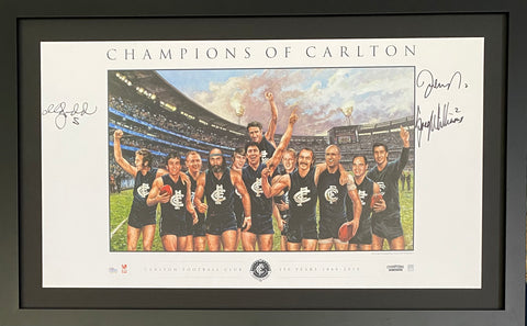 Champions of Carlton Fine Art Print Featuring 12 Legends, Personally Signed By 3: Williams, Judd, Nicholls, Framed