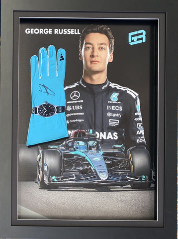 George Russell Personally Signed Mercedes F1 Team Race Glove, Framed