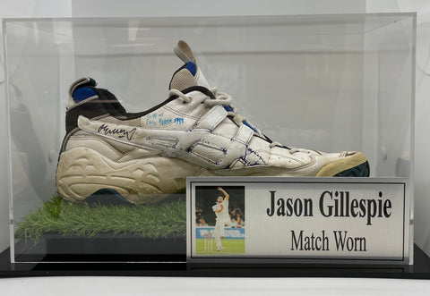 Jason Gillespie Player Worn and Signed Shoe, vs England 1998, with Display Case and Plaque