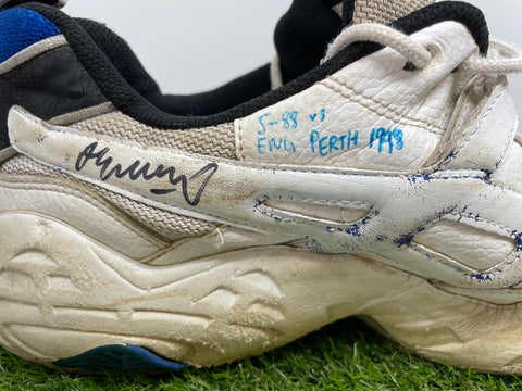 Jason Gillespie Player Worn and Signed Shoe, vs England 1998, with Display Case and Plaque