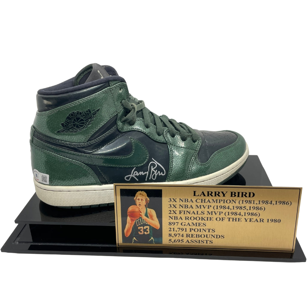 Larry Bird Signed Pair Of Air Jordan 1 High-Top Shoes (Beckett) with Display Case and Plaque