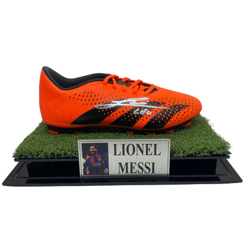 Lionel Messi Personally Signed Orange Adidas Boot with Display Case and Plaque
