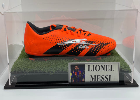 Lionel Messi Personally Signed Orange Adidas Boot with Display Case and Plaque