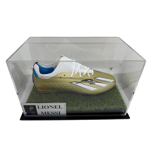 Lionel Messi Personally Signed Gold Adidas Boot with Display Case and Plaque