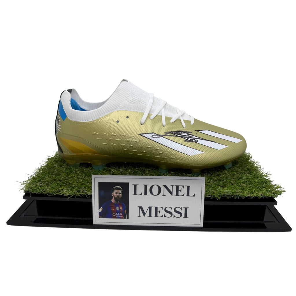 Lionel Messi Personally Signed Gold Adidas Boot with Display Case