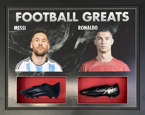 Lionel Messi and Cristiano Ronaldo Dual Black Boots, Personally Signed and Framed.