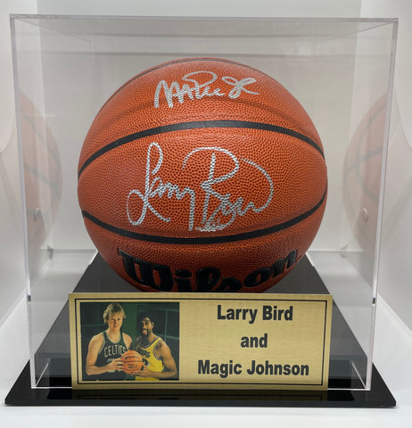 Magic Johnson and Larry Bird Dual Signed Basketball with Display Case - Beckett Certified