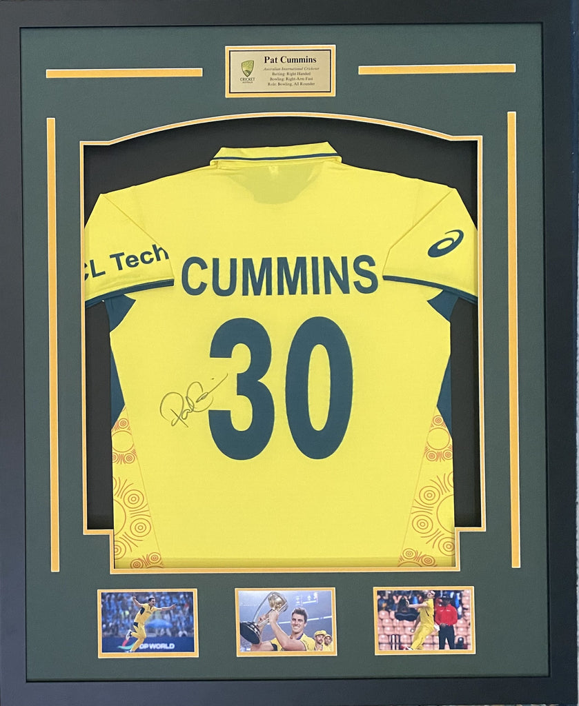Pat Cummins Personally Signed Australian Cricket Shirt, Framed.