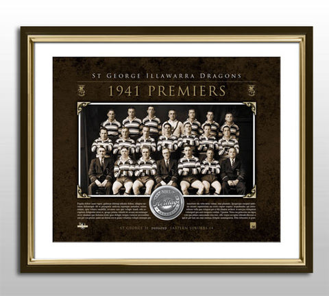 St George Illawarra Dragons 1941 Premiership Medallion Print, Limited Edition, Framed.