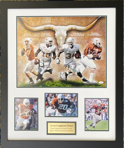 Texas Longhorns Personally Signed Tribute: Vince Young, Ricky Williams & Earl Campbell. 16x20 Photo Framed Tribute (JSA)