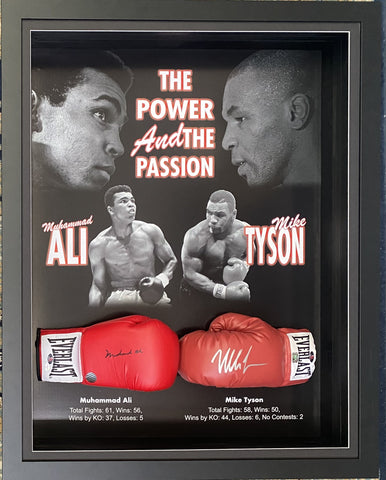 The Power and The Passion' Dual Gloves Personally Signed by Muhammad Ali and Mike Tyson, Framed