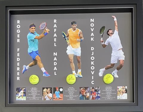 The Ultimate Tennis Legends Tribute – Federer, Nadal & Djokovic Signed Tennis Balls.