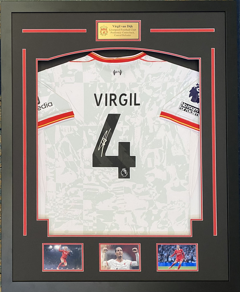 Virgil van Dijk Personally Signed Liverpool FC Jersey Featuring the Striking 2024/25 Light Green and White Away Jersey, Framed