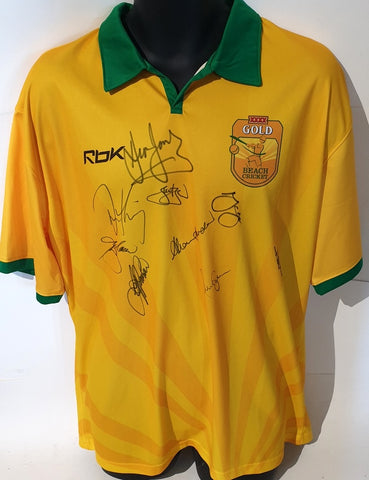 Australia Beach Cricket Shirt Signed by Legends - Thommo, Waugh, Jones.