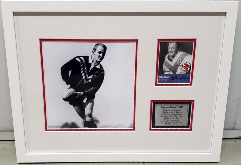 Johnny Raper, St George Immortal, Personally Signed Career Tribute, Framed