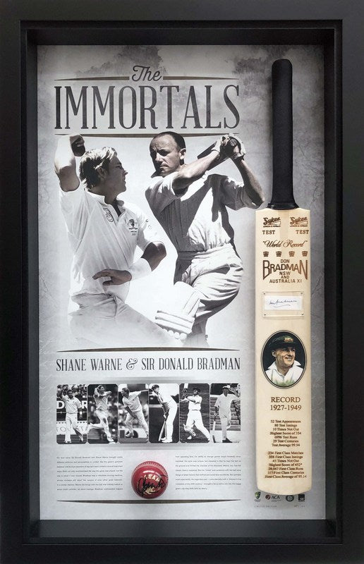 The Immortals - Shane Warne and Sir Donald Bradman Dual Signed Bat/Ball, Framed