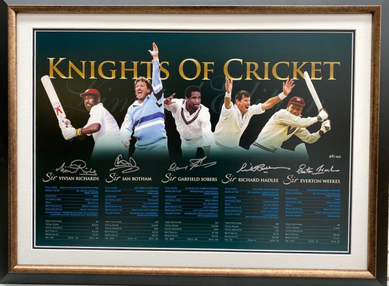 5 Knights of Cricket Personally Signed Lithograph - Richards, Botham, Hadlee, Weekes, Sobers