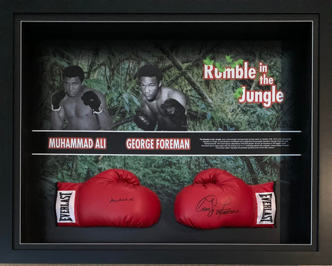 Rumble in the Jungle, Muhammad Ali and George Foreman Personally Signed Dual Gloves, Framed